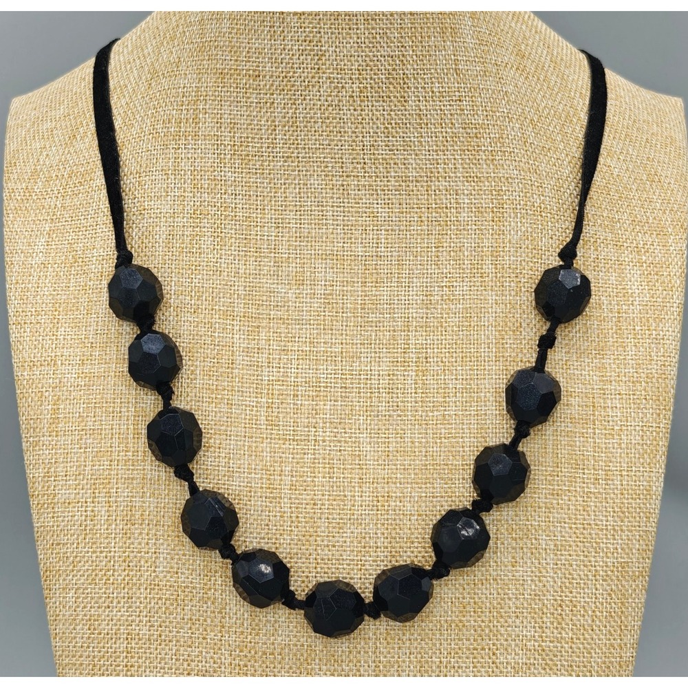 Vintage Black Faceted Glass Bead Necklace — Ribbon Closure — Retro Glamour
